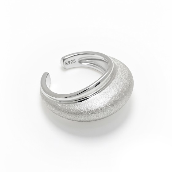 Cool Tone Brushed Curved Wide Open S925 Silver Ring, Textured Niche Statement Band