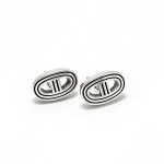 Vintage Antiqued S925 Silver Pig Nose Oval Hollow Stripe Stud Earrings
