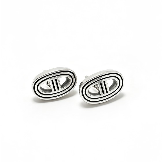 Vintage Antiqued S925 Silver Pig Nose Oval Hollow Stripe Stud Earrings