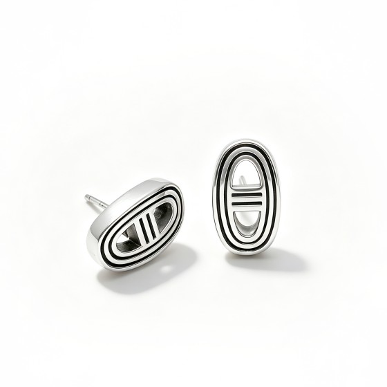 Vintage Antiqued S925 Silver Pig Nose Oval Hollow Stripe Stud Earrings