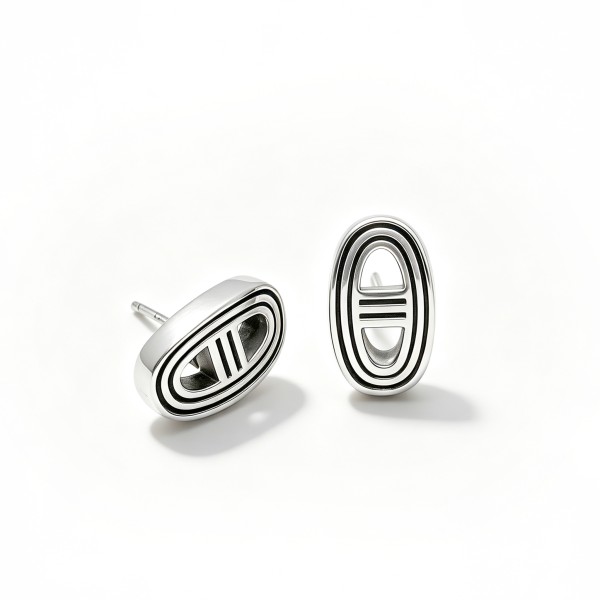 Vintage Antiqued S925 Silver Pig Nose Oval Hollow Stripe Stud Earrings