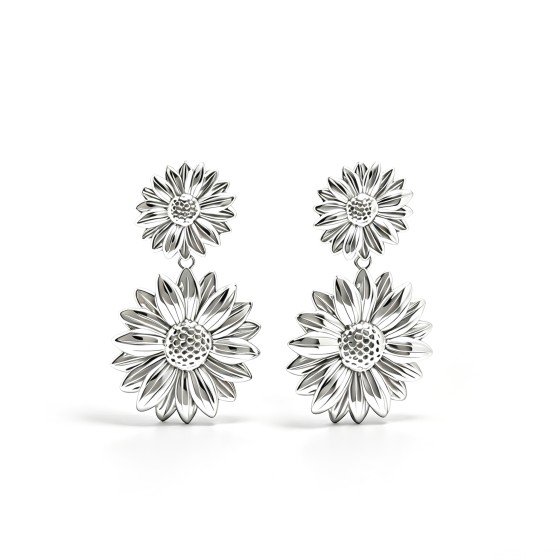 Elegant Double Daisy Drop Spliced S925 Silver Earrings, Floral Dangle Ear Jewelry