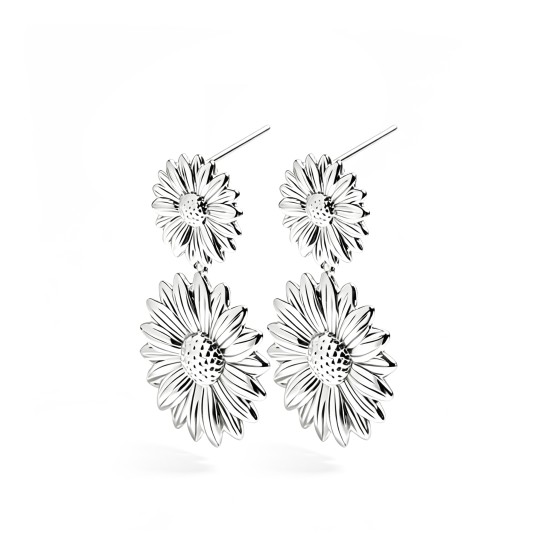 Elegant Double Daisy Drop Spliced S925 Silver Earrings, Floral Dangle Ear Jewelry
