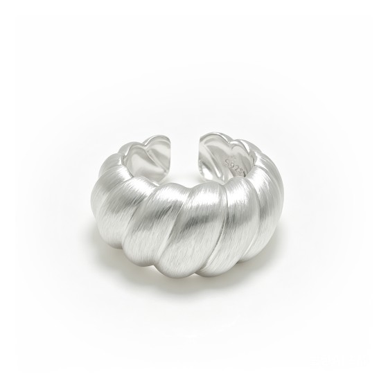 Niche 3D Pumpkin Textured Brushed Open S925 Silver Ring, Plump Textured Wide Statement Band