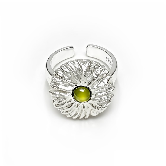 Niche 3D Hammered Flower Open S925 Silver Ring, Inlaid Cabochon Green Cubic Zirconia, Textured Statement Band
