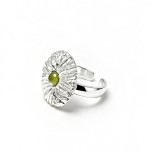 Niche 3D Hammered Flower Open S925 Silver Ring, Inlaid Cabochon Green Cubic Zirconia, Textured Statement Band