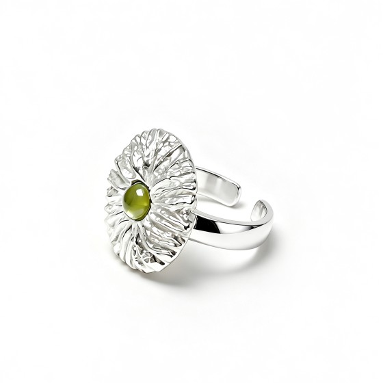 Niche 3D Hammered Flower Open S925 Silver Ring, Inlaid Cabochon Green Cubic Zirconia, Textured Statement Band
