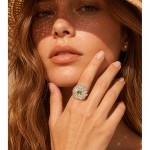 Niche 3D Hammered Flower Open S925 Silver Ring, Inlaid Cabochon Green Cubic Zirconia, Textured Statement Band