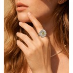 Niche 3D Hammered Flower Open S925 Silver Ring, Inlaid Cabochon Green Cubic Zirconia, Textured Statement Band