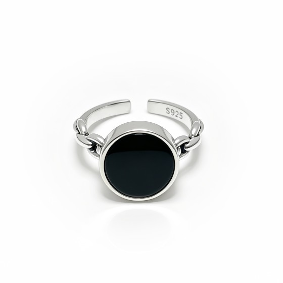 Niche Chain Spliced Open S925 Silver Ring, Inlaid Round Black Onyx, Minimalist Cool Statement Band