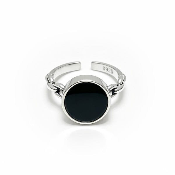 Anillo abierto de plata S925 con cadena empalmada, incrustado con ónice negro redondo, banda minimalista y llamativa