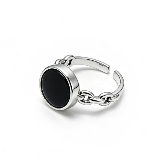 Niche Chain Spliced Open S925 Silver Ring, Inlaid Round Black Onyx, Minimalist Cool Statement Band
