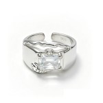 Niche 3D Wavy Textured Wide Open S925 Silver Ring, Inlaid Square White Cubic Zirconia, Avant-Garde Bold Artistic Statement Band