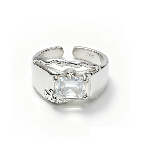 Niche 3D Wavy Textured Wide Open S925 Silver Ring, Inlaid Square White Cubic Zirconia, Avant-Garde Bold Artistic Statement Band