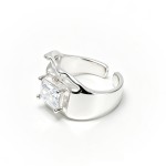 Niche 3D Wavy Textured Wide Open S925 Silver Ring, Inlaid Square White Cubic Zirconia, Avant-Garde Bold Artistic Statement Band