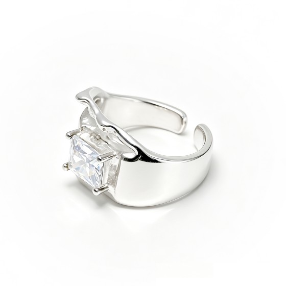 Niche 3D Wavy Textured Wide Open S925 Silver Ring, Inlaid Square White Cubic Zirconia, Avant-Garde Bold Artistic Statement Band