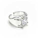 Niche 3D Wavy Textured Wide Open S925 Silver Ring, Inlaid Square White Cubic Zirconia, Avant-Garde Bold Artistic Statement Band