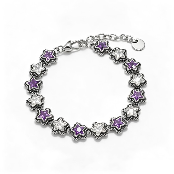 Niche Vintage Antiqued Star Link S925 Silver Bracelet, Inlaid Purple & White Cubic Zirconia, Edgy Whimsical Statement Wrist Jewelry
