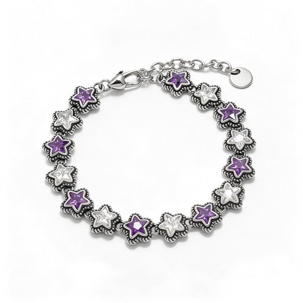 Bracelet en argent S925 à maillons étoilés vieilli vintage, incrusté de zircone cubique violette et blanche, bijou de poignet audacieux et fantaisiste