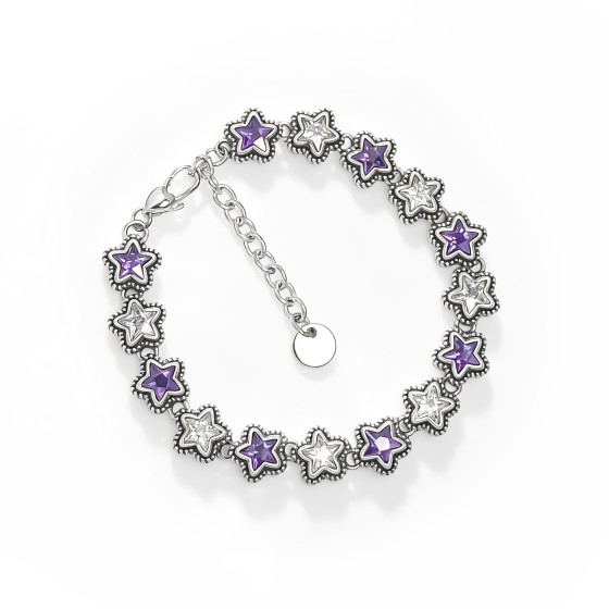 Niche Vintage Antiqued Star Link S925 Silver Bracelet, Inlaid Purple & White Cubic Zirconia, Edgy Whimsical Statement Wrist Jewelry