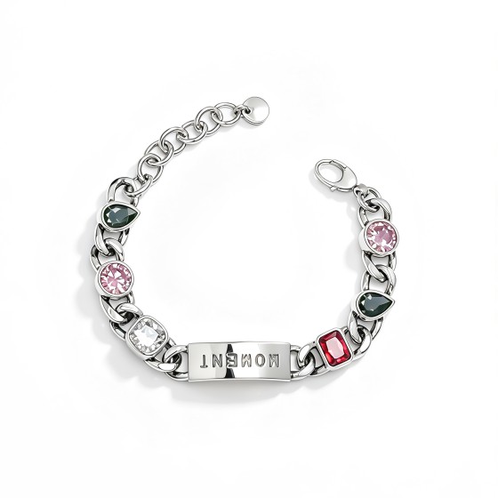 Niche Vintage Nameplate Link S925 Silver Bracelet, Inlaid Multi-shape Colorful Cubic Zirconia, Bold Eclectic Statement Wrist Jewelry