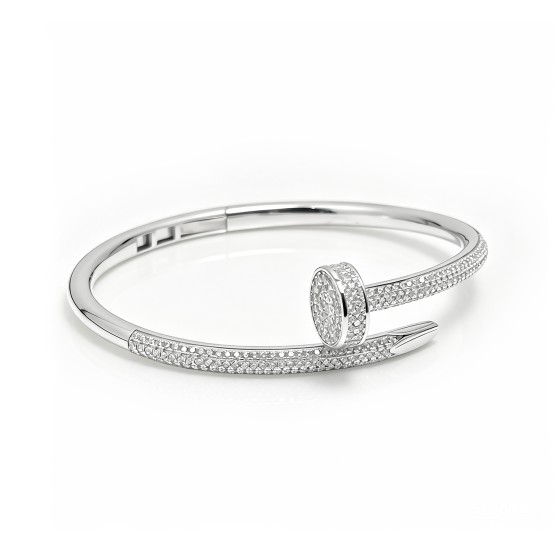 Niche Polished Nail Open S925 Silver Bangle, Pavé Set White Cubic Zirconia, Sleek Luxe Bold Statement Wrist Jewelry