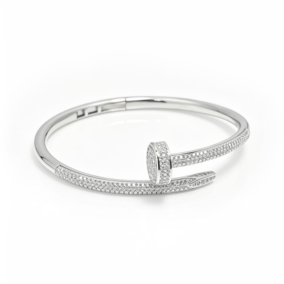 Niche Polished Nail Open S925 Silver Bangle, Pavé Set White Cubic Zirconia, Sleek Luxe Bold Statement Wrist Jewelry