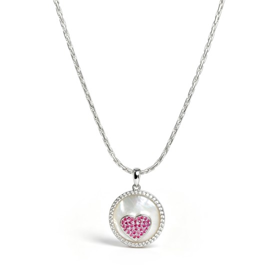 Niche Delicate Mother of Pearl Round Pendant S925 Silver Necklace, Pavé Set Pink Cubic Zirconia Heart, Romantic Luxe Statement Neck Jewelry