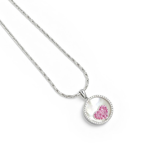 Niche Delicate Mother of Pearl Round Pendant S925 Silver Necklace, Pavé Set Pink Cubic Zirconia Heart, Romantic Luxe Statement Neck Jewelry