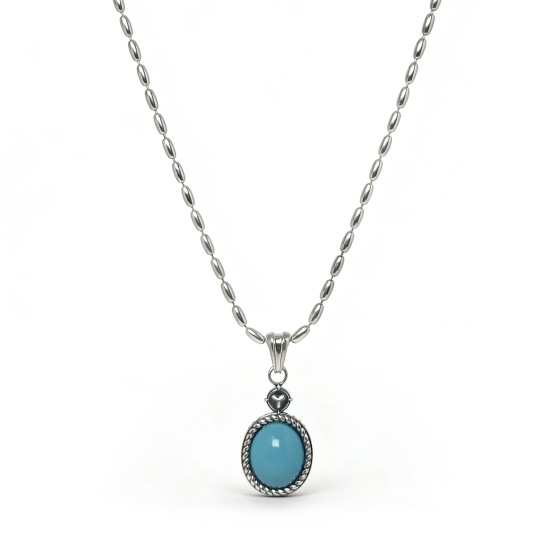 Niche Vintage Twisted Bezel Oval Turquoise S925 Silver Necklace, Bohemian Artistic Statement Neck Jewelry