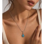 Collier en argent S925 avec turquoise ovale et bord torsadé vintage, bijou de cou bohème et artistique