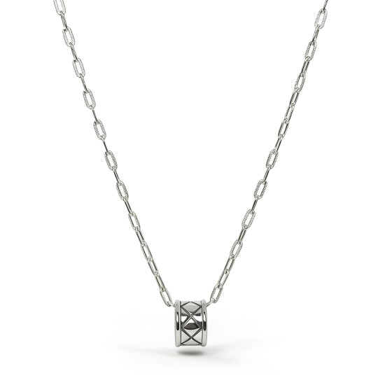 Niche Minimalist Rhombus Engraved Barrel LuLuTong S925 Silver Necklace, Sleek Polished Everyday Statement Neck Jewelry