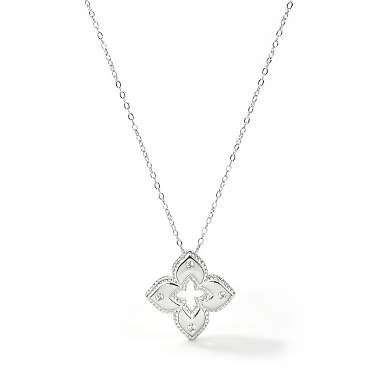 Niche Luxe Hollow Four-Leaf Flower S925 Silver Necklace, Pavé Set Cubic Zirconia Elegant Sparkly Statement Neck Jewelry