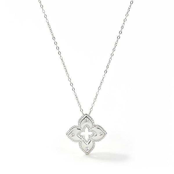 Collier en argent S925 avec fleur à quatre feuilles creuse et zircone cubique sertie pavé, élégant et brillant, bijou de cou luxueux