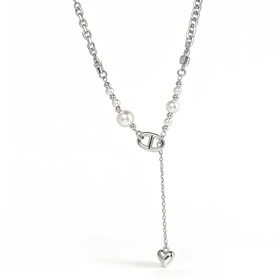 Niche Pig Nose Link Pearl S925 Silver Necklace, Star Bow Heart Pendant Sweet Cool Statement Neck Jewelry