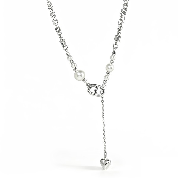 Niche Pig Nose Link Pearl S925 Silver Necklace, Star Bow Heart Pendant Sweet Cool Statement Neck Jewelry