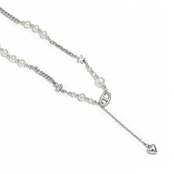 Niche Pig Nose Link Pearl S925 Silver Necklace, Star Bow Heart Pendant Sweet Cool Statement Neck Jewelry