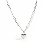 Niche Mixed Chain Pearl Heart Pendant S925 Silver Necklace, Minimalist Gentle Elegant Statement Neck Jewelry