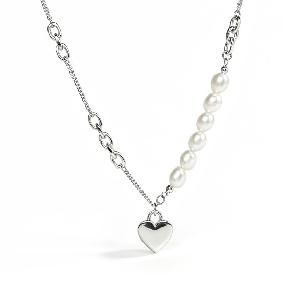 Niche Mixed Chain Pearl Heart Pendant S925 Silver Necklace, Minimalist Gentle Elegant Statement Neck Jewelry