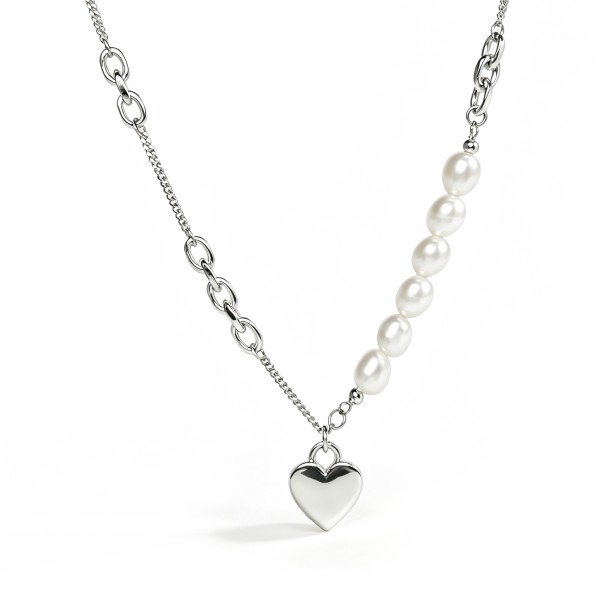 Niche Mixed Chain Pearl Heart Pendant S925 Silver Necklace, Minimalist Gentle Elegant Statement Neck Jewelry