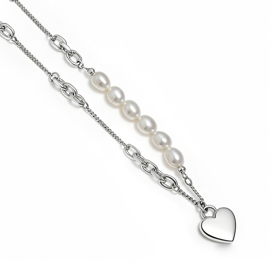 Niche Mixed Chain Pearl Heart Pendant S925 Silver Necklace, Minimalist Gentle Elegant Statement Neck Jewelry