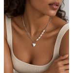 Niche Mixed Chain Pearl Heart Pendant S925 Silver Necklace, Minimalist Gentle Elegant Statement Neck Jewelry